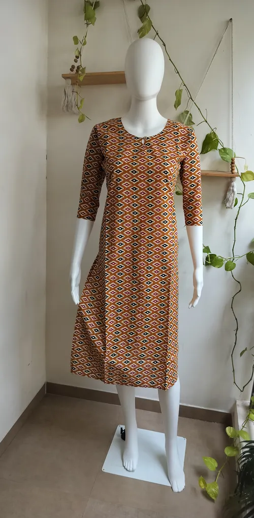 Ikkat Print Cotton Kurti - Brown